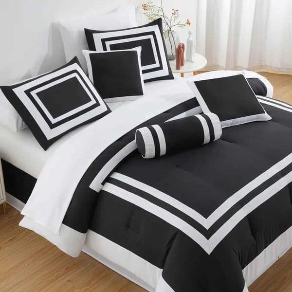 7-Piece Cforter Set - Black/White Square Pattern Bedding with lows - Lightweight All-Season BeddingJ260602