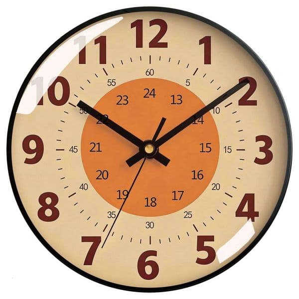 Easy Read Silent Wall Clock, 24 Hour Retro Design, Battery Operated for Home Living Room & Classroom W260602