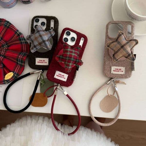 Plush solid color cute plaid star magnetic holder mobile case,suitable for iPhone14/15/16/17Pro,shockproof protective case