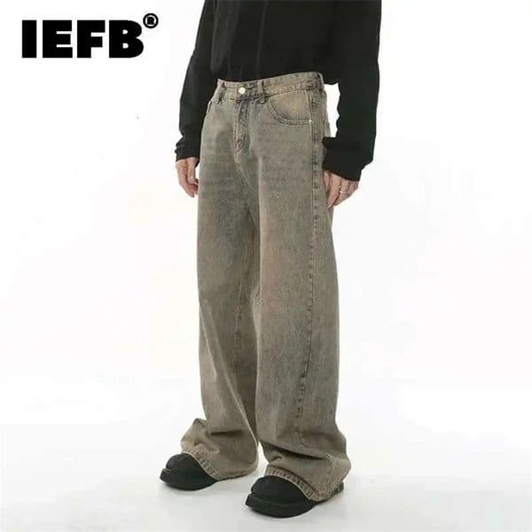 IEFB Spring Mens Baggy Jeans Worn Out Loose Wide Leg Denim Pants Chic Distressed Streetwear Vintage Male Trousers 9C 260601ww