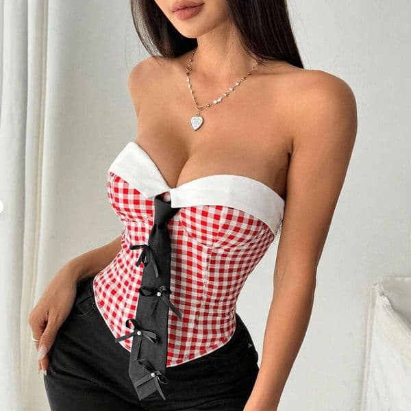 Corset Top Bustier Top Vest Wholesale European American Sweet And Spicy Style Tube Top Fishbone Vest Patchwork Tie Niche Bra Women's Clothing 71079