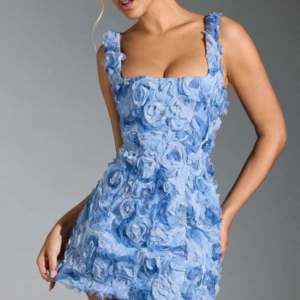 Sexy Square Neck Floral Slim Fit Fashionable Sleeveless Tie Strap Mini Dress