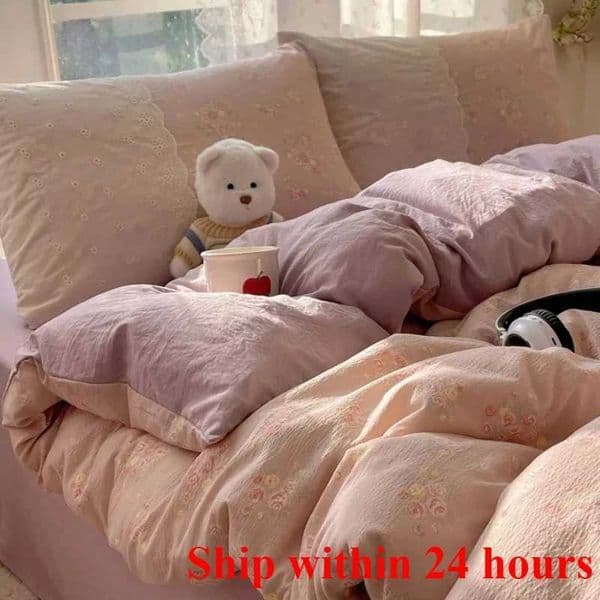 Small floral cloud wrinkle double yarn bed four-piece set princess lace quilt cover 3-piece bed sheet setJ260602