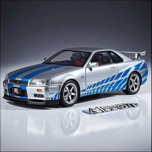 Nissan Skyline GT-R R34 1:18 Alloy Diecast Model, Fast and Furious Iconic Movie Car Replica with Realistic Livery, Collectible Sports Car Toy for JDM Lovers, Home Decor