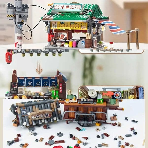 Street Mini City View Architectural Landscape Model Building Blocks Takoyaki Shop Food Stall Restaurant Toys Christmas Kids Gift L260602