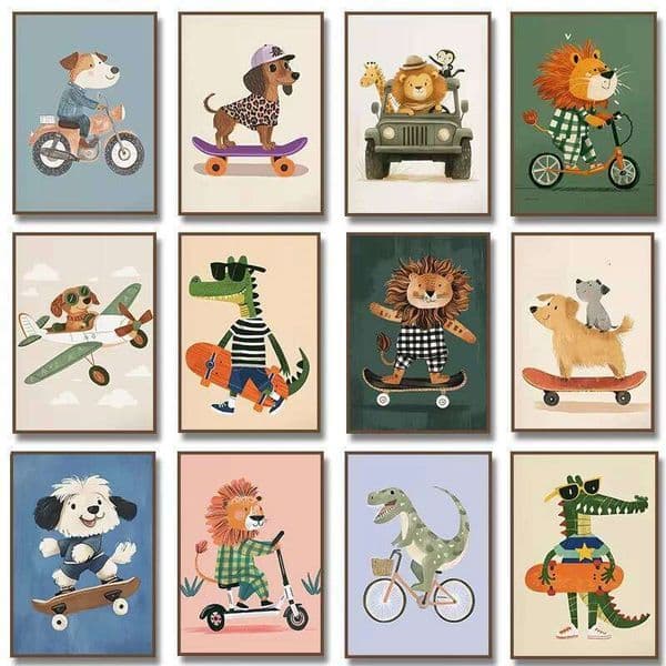 Minimalist Cute Skateboard Animal Wall Art Dog, Lion, Crocodile, Tiger, Bear, and Car Canvas Print Home Decor for Kids' Rooms 26L0602