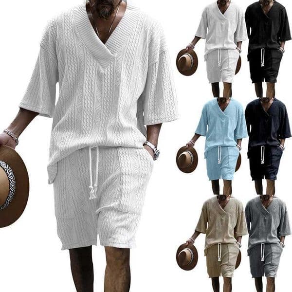 2024 Summer New Mens High Street Casual Loose Jacquard Sportswear V-Neck Short Sve Shorts Mens Fashion Suit L251213
