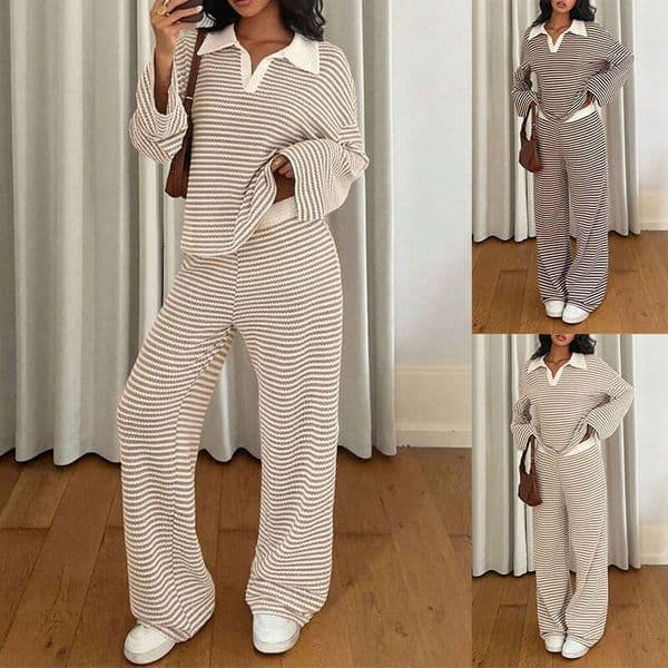 2026 Fashion Western Style Women's Two Piece Set Collared Top Wide Leg Pant Color Block Striped Print Jogger Suit