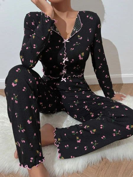 Y2K Cute Floral Ribbed Pajama Set Womens Long Sleeve V Neck Two Piece Sleepwear Homewear Autumn Winter Bow Lettuce Trim New Hot L260525