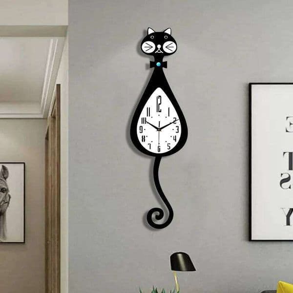 Cartoon Cat Wall Clock with Tail Swing Silent Bedroom Living Room Kitchen Decor Interesting Design W260602
