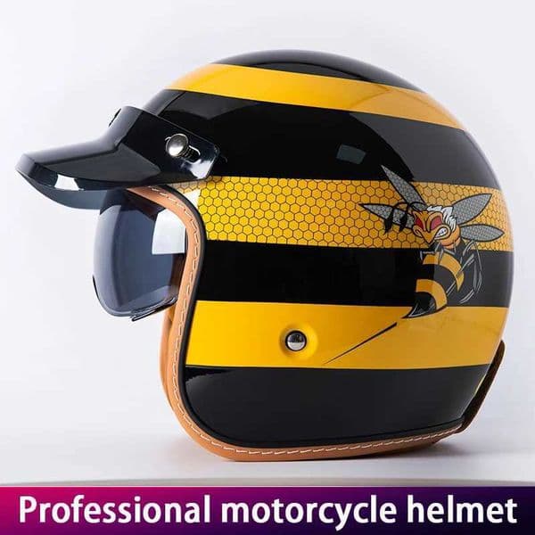 New Retro Motorcycle Helmet Yellow Bee 3/4 Shell Motorcycle Built-In Windshield with Hat Brim Vintage Style Cycling Safety Gear Z260602