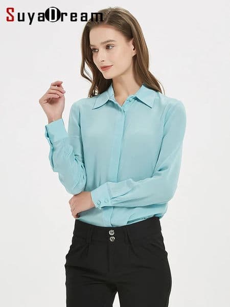 SuyaDream Women Silk Dress Shirts 100 SILK Solid Long Sleeved Button Chic Blouses 2025 Spring Summer Office Lady Top White 260527