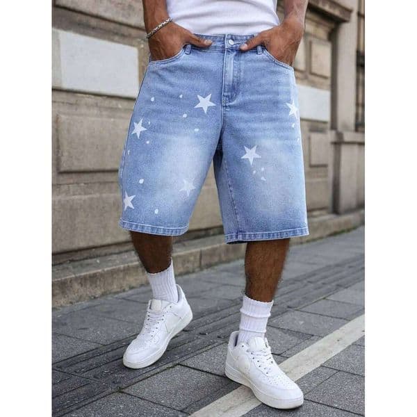 Men's blue denim shorts for spring summer, with stars printed on the legs, are stylish and simple to match. 26L0602