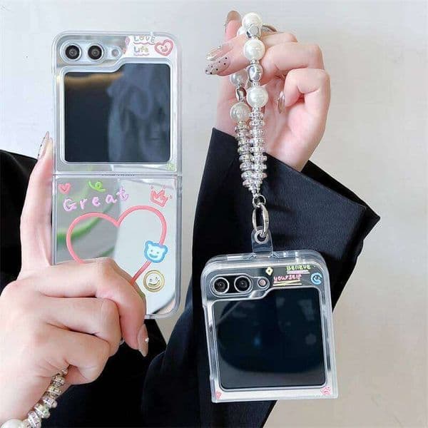 Luxury Cute Star Love Mirror Phone Case For Samsung Galaxy Flip 6 5 4 Z Flip5 Flip6 Flip4 5G Cover with Chain Acrylic Cases