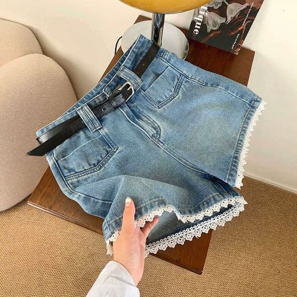 Blue Lace Trim Denim Shorts For Women, Summer Thin Style, 2026 New Model, Plus Size, Slimming A-Line Shorts For Plus-Size Women Fe9
