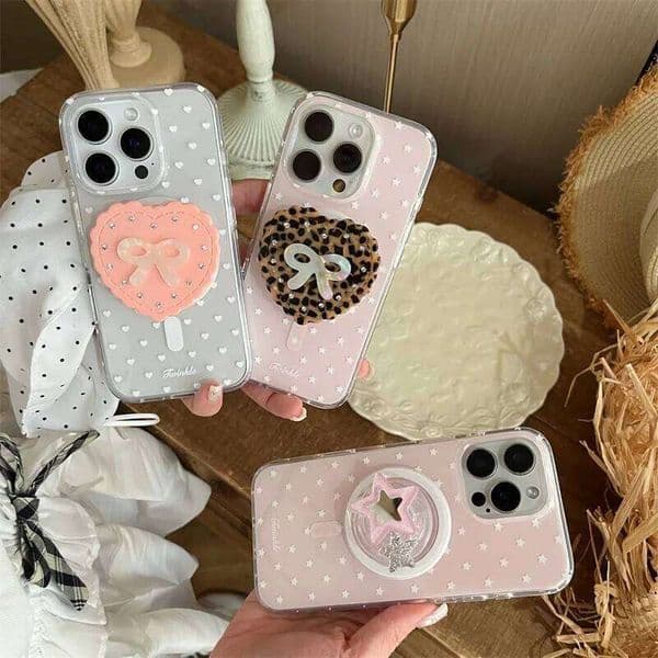 Korean Cute Stars Magnetic Phone Case For iPhone 16 15 14 13 Pro Max Cover with Magsafe Stand Love Bowknot Holder Cases Capa