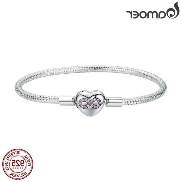 Heart BAMOER Infinity Brelet Sterling Silver 925 Heart-shape Love Bangle Brelets 3mm for DIY Fine Jewelry SCB142 S260602