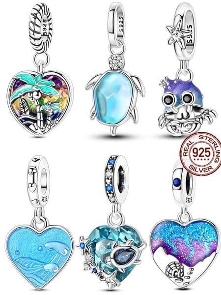 Summer Ocean Series Beads 925 Sterling Silver Turtle Charms Blue Heart Dangle For Women Fit Bracelet DIY Jewelry Gift C260602