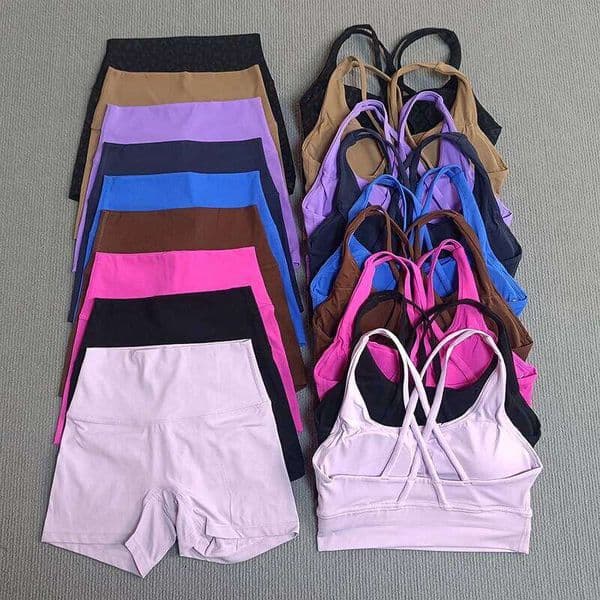Women's Solid Color Soft Gym Yoga Set 2PC Cross Sport Bra And Cycling Short Legging Tracksuit for Comprehensive Training Jog 26L0602