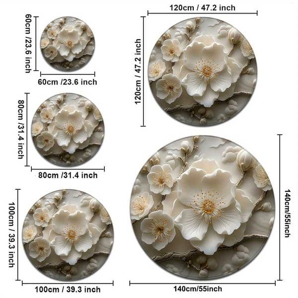 Floral White Gold Round Rug Soft Non-Slip Quick-Dry Mat for Bathroom Kitchen Bedroom Entryway Elegant Home Decor L2606021
