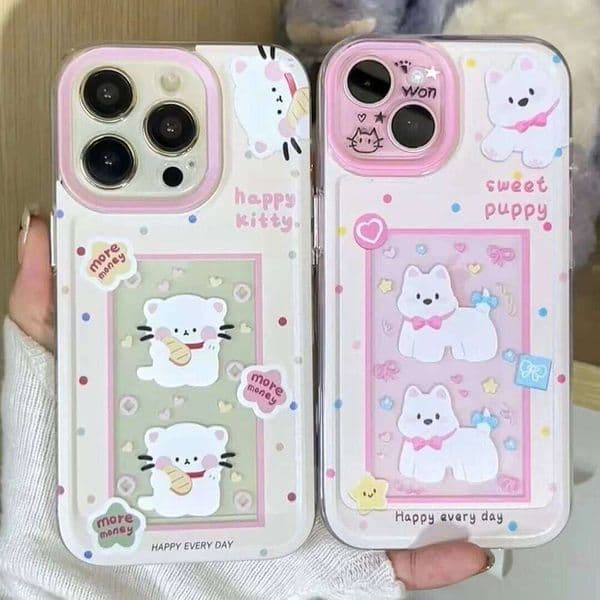 Shine Stars Cute Kitten Puppy Case Compatible for IPhone 11 13 14 12 Pro X XS XR Max 15 7 Plus SE 2020 Transparent Cover