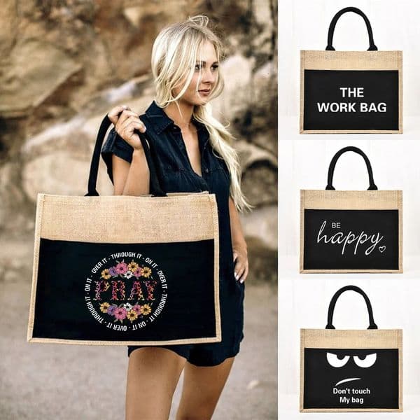 Tote Bag Reusable Jute Shopping Large Capacity Linen Grocery Bags Text Series Beach Vintage Sacks Handbags 260602