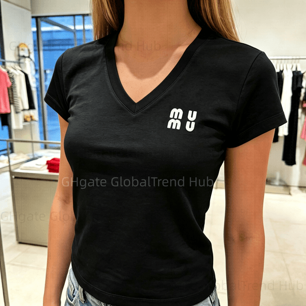 designer clothes women top t shirt Women Letter V Neck Crop T Shirt, Slim Stretch Cotton Short Sleeve Crop Top, Casual Holiday Beach Travel Daily Going Out Versatile