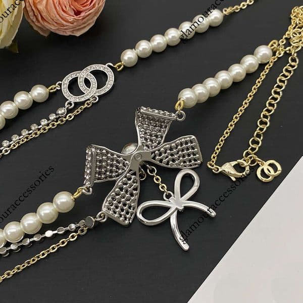 Designer jewelry cc necklace Graceful socialite diamond embellished pearl O necklace sweater chain