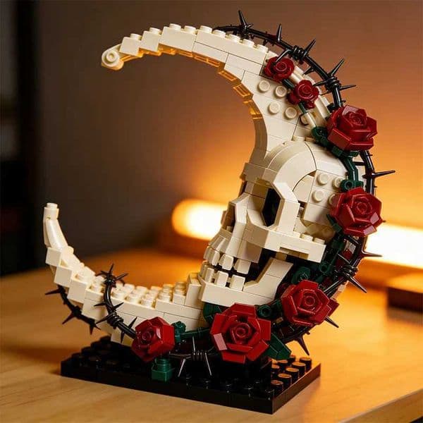 Moc Darkness Moon Skull Flower Assembly Building Blocks Dark Moon Skull Collectors Figure Decorative Ornaments for Kid Gifts L260601