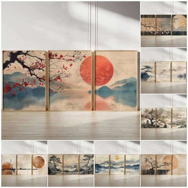 3PC Neutral Landscape Zen Nature Ink Poster, Japanese Cherry Blossom Minimalist Wall Art Home Decor 26L0602
