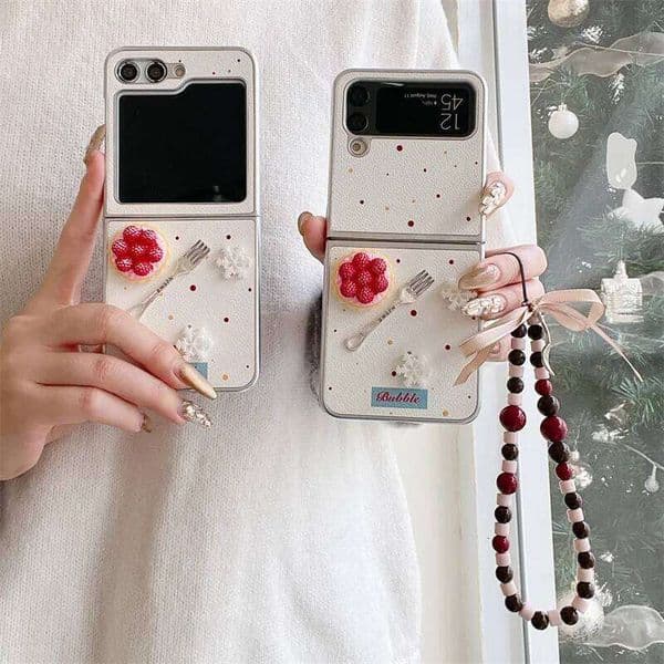 Cute Cake Fork Phone Case For Samsung Galaxy Flip 6 5 4 3 Z Flip4 Flip5 Flip6 zflip5 zflip6 Cover with Chain Leather Funda
