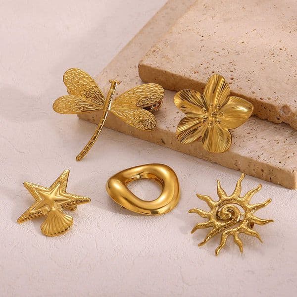 Womens Elegant Gold Brooch Color Geometric Spiral Sun Flower Decoration Pins Stainless Steel Waterproof Party Wedding Jewelry H260602