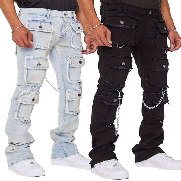 Multi-pocket Cargo Y2k Mens Stretch Straight-leg Pants Vintage Trousers Overalls Casual High Street Hip Hop Jeans 26Y0602