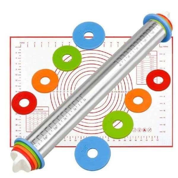 17 Inch Adjustable Rolling Pin,Stainless Steel Dough Thickness Guide Rings, Non-Stick Pastry Roller with Measuremens