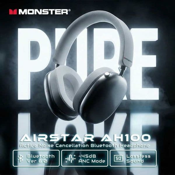 AH100 Monster Airstar ANC Bluetooth 6.0 Over-Ear Headphone with Active Noise Canceling -45dB Powerful Bass Wireless/Wire Headset L260602