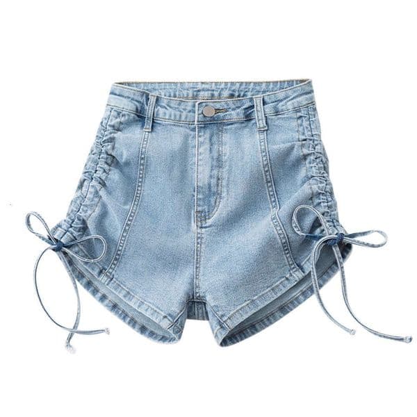 Drawstring Design With Straps, Tight-Fitting, Pear-Shaped A-Line High-Waisted Denim Shorts, Elongating And Slimming, Stretchy, New Hot Pants 953