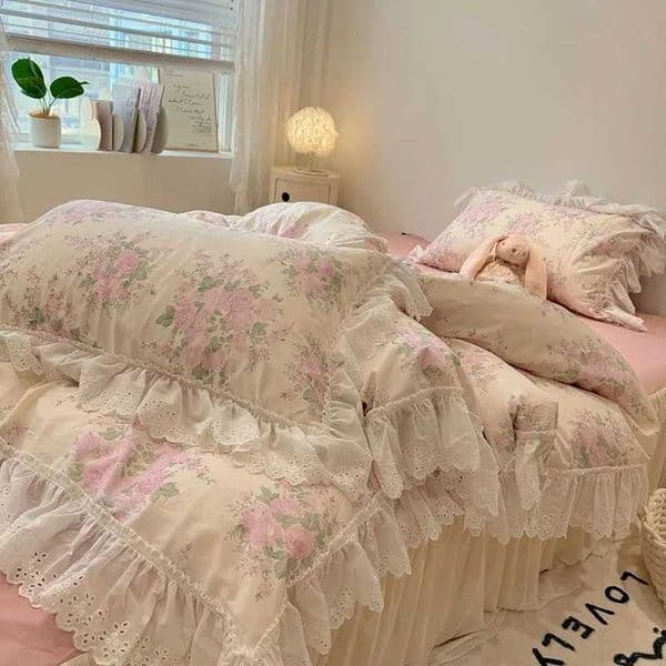 4Pcs Vintage Floral 100%Cotton Soft Bedding Set White Lace and Ruffle Cforter Cover size(1Duvet+1Bedskirt+2low shams)J260602