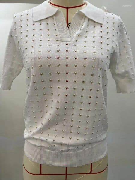 Women's Polos Hollow Knitted Polo T Shirt Woman 2026 Summer Short Sleeve Casual Loose Lapel Ins Tops Lady Sweater Commute