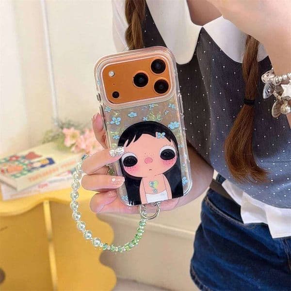 Korean Cute Little Flower Girl Cartoon Phone case for iPhone 15 14 13 17 16 Pro Max Fundas with Chain Shockproof Cover