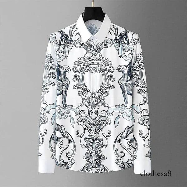 Royal Allover Printed Men's Luxury Long Sleeve Single Breasted Business Casual Slim Fit Male Dress Shirts
