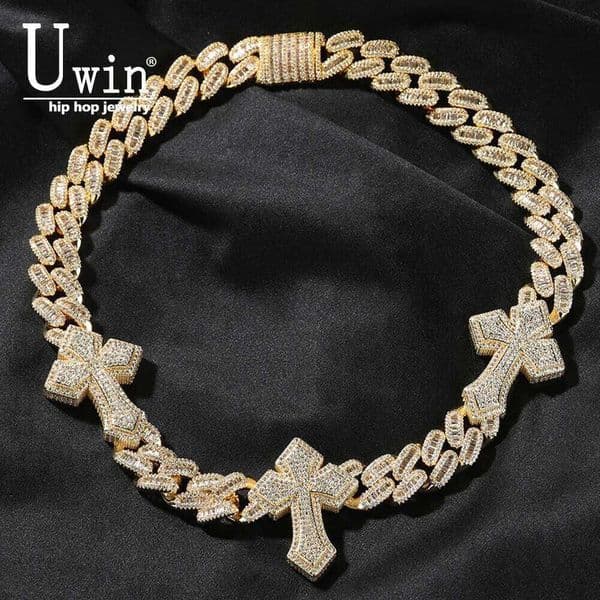 UWIN 15mm Cuban Chain With 3 Cross Necklace Full Iced Out CZ Link Cubic Zircon Fashion Luxurious Choker HipHop Jewelry 26L0602