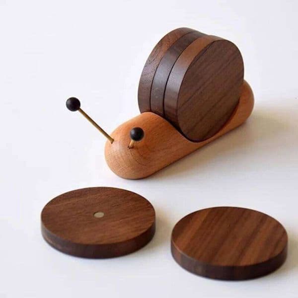 Walnut Cartoon Snail Coaster Set - Creative Heat Resistant Tea and Coffee Mug Pad, Fun Stress Relief Desk Decor