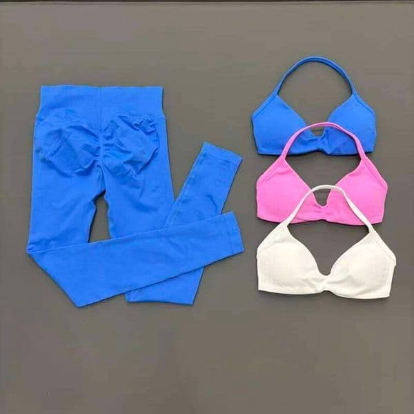 2Pcs Workout Set Women Seamless Halter Sports Bra Suit Butt Lifting High Waist Leggings Yoga Pilates Gym Running Fitness Outfit 26L0602