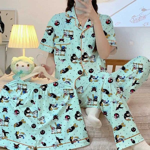 Kawaii Cute Cartoon Little Penguin Print Womens 3pcs Pajamas Korean Y2k Milk Silk Homewear 2024 New Fall/winter Lady Sleepwear L260525