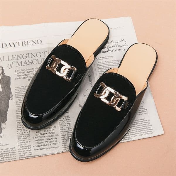 Mens Italian Casual Chain Loafers Leather Business Men Half Shoes Drop Ship Mules Black Slides Slippers 260601