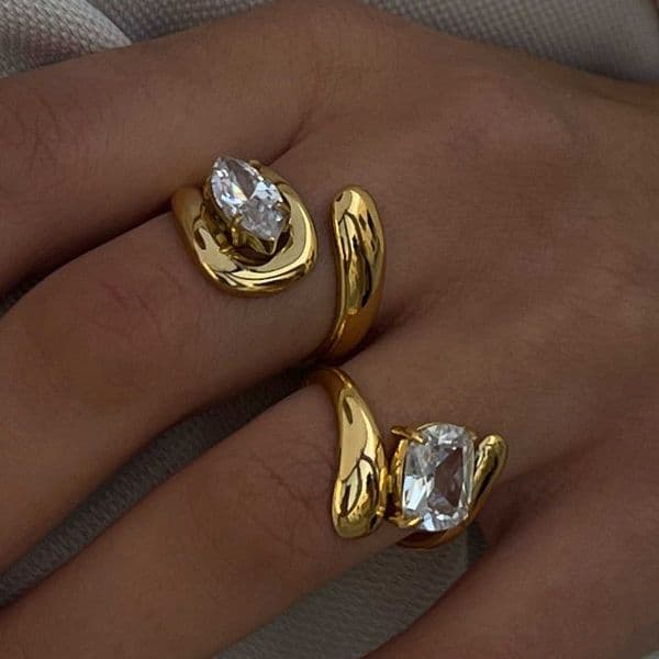Water Stainless Steel Drop Shaped Large Zircon Rings 18K Gold Plated Opening Ring Women Waterproof Statement Jewelry L260602