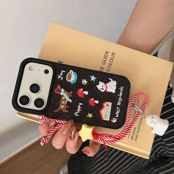Denim embroidered puppy house phone for iPhone 14/15/16/17 Pro Max, Fundans17Pro fashionable new shockproof protective case