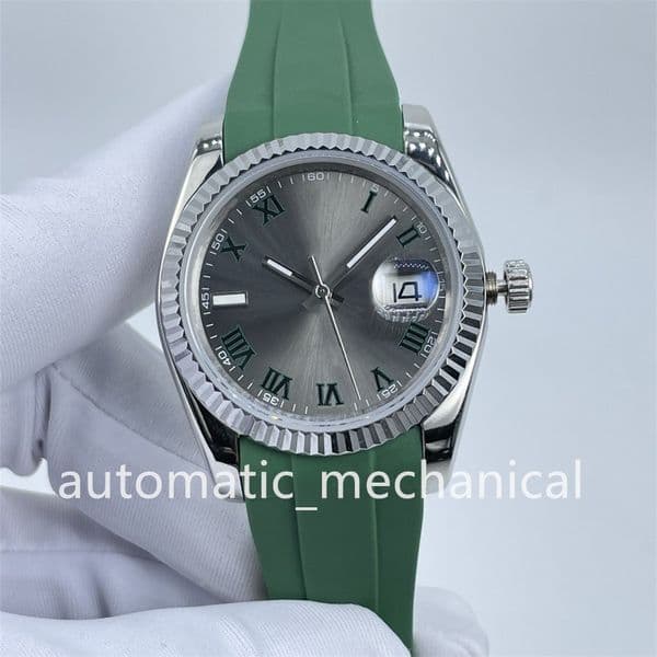 Designer Men Watches 36mm Grey Roman Dial Automatic Mechanical Watch Stainless Steel bracelet Sapphire Glass Green Rubber Strap Men's Womens Couples wristwatches