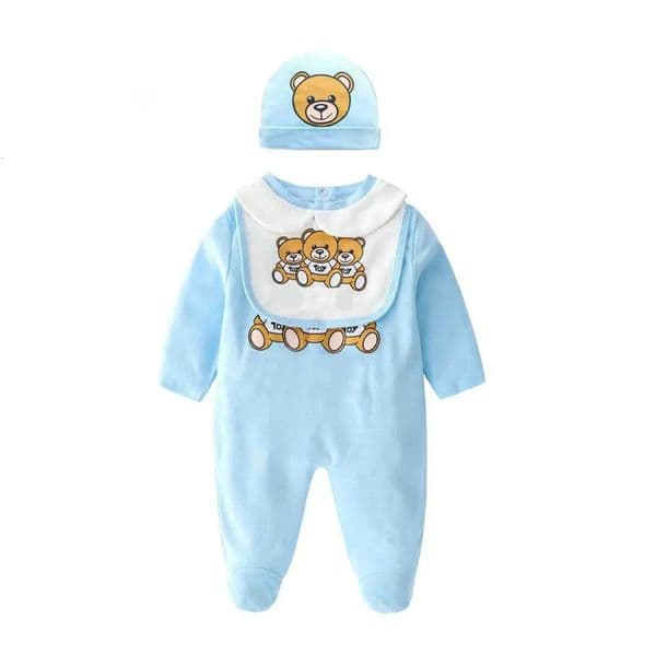 2026 New Designer Summer Unisex Cartoon Set 3Pcs High Quality Fashion Newborn Clothes Cotton New Born Baby Baby cologne Boys Girls Rompers perfume Bibs Hats Fre