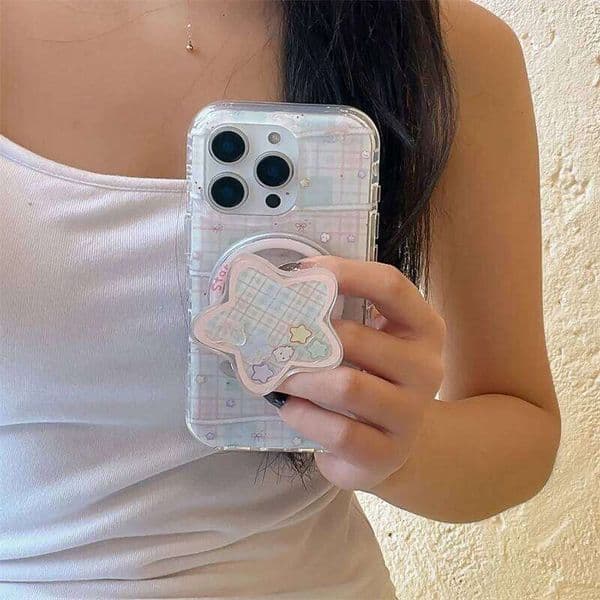 Korean Lattice Pattern Magnetic Phone Case For iPhone 16 15 12 14 Pro Max Cover with Magsafe Star Stand Holder Cases Funda